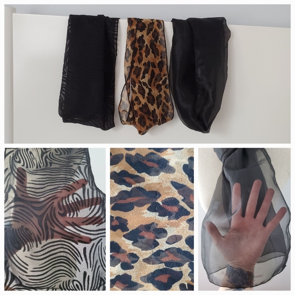 3 Sheer Scarves: 2 Black, 1 Brown Leopard,  Fancy Professional Dressy - Picture 2 of 9